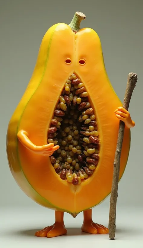 (photorealism:1.2), a humanoid papaya in action gesture hitting the ascaris parasite with a stick