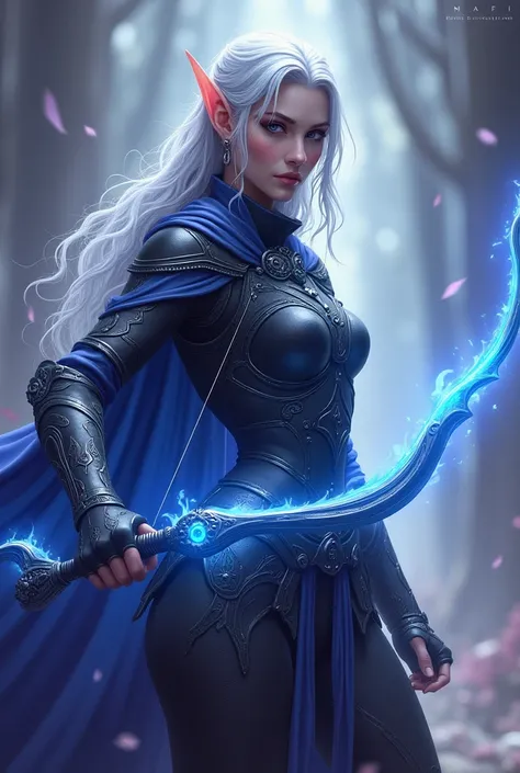 A poised female character with silver hair and pointed ears, dressed in dark, intricately designed armor, holds a glowing blue bow. Her confident expression hints at determination. The background features a mystical, ethereal atmosphere with soft purple an...