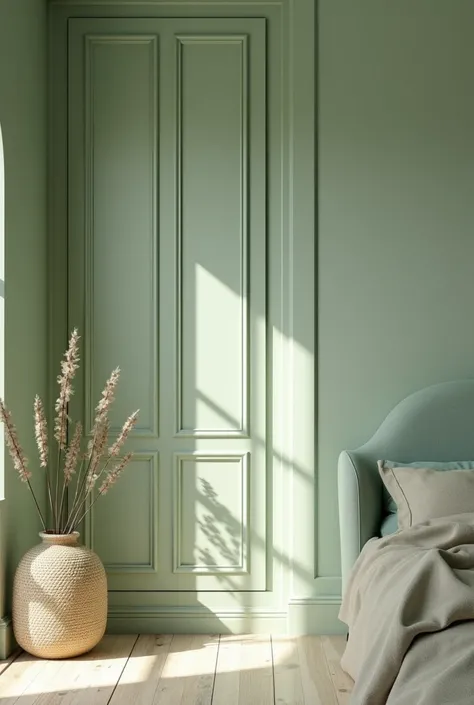 A sage green bedroom with cupboard 