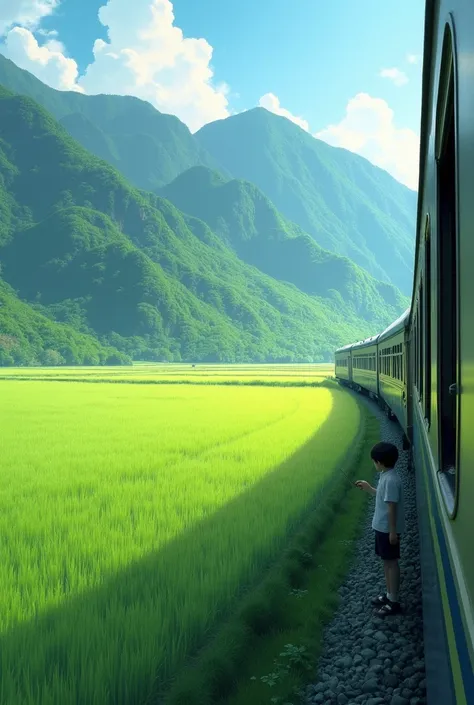 

A wide landscape showcasing a train moving horizontally through a lush green rice field, set against a backdrop of tall, forested mountains. The sky is clear with light clouds, and the train is surrounded by vibrant natural scenery with dense greenery in...