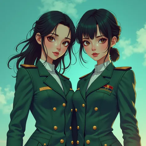 `/Imagine an attractive 2 woman, height 1.46m, White skin, big fire brown eyes, small but thick lips, long neck, slender figure, dressed in a military uniform --v manhwa --ar 16:9 --q 2 --style manwha --intense mood --sea green and sky blue color