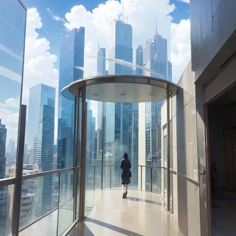 (no human), landscape, round hallway, (glass-walled skyscrapers in distance), clear blue sky, blowing strong wind, sunshine