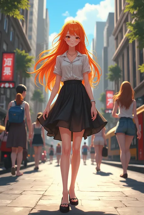 I want you to draw me an anime girl, with orange hair, and that she is walking down the street and that she is very beautiful 