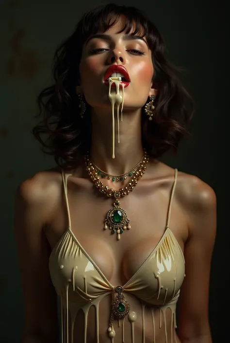 Style erotique，femme nue couverte de bijoux，Habillez-vous à la mode rétro bdsme，Le fond est très sombre，Rendu comme un buste，Le ratio dimage est HD 9:16。 bouche ouverte avec bouche remplie de crème, couvert de lait renversé sur tous les vêtements, Lait qui...