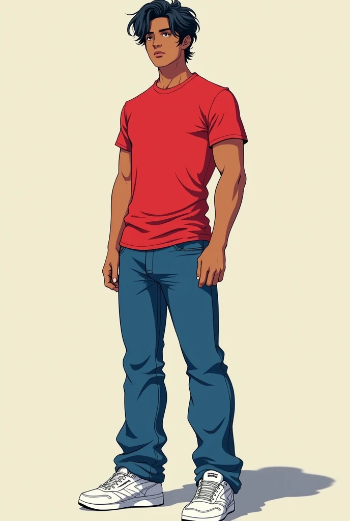 1 boy. of 1. 72 cm, brown skin, semi-long and slightly wavy hair. a red t-shirt, Classic style wide blue jean pants, white shoes rebook brand. Don&#39;t look like a child. he is 1. He is an adult. Aslo anime style or like the animated series scoot pilgrim....