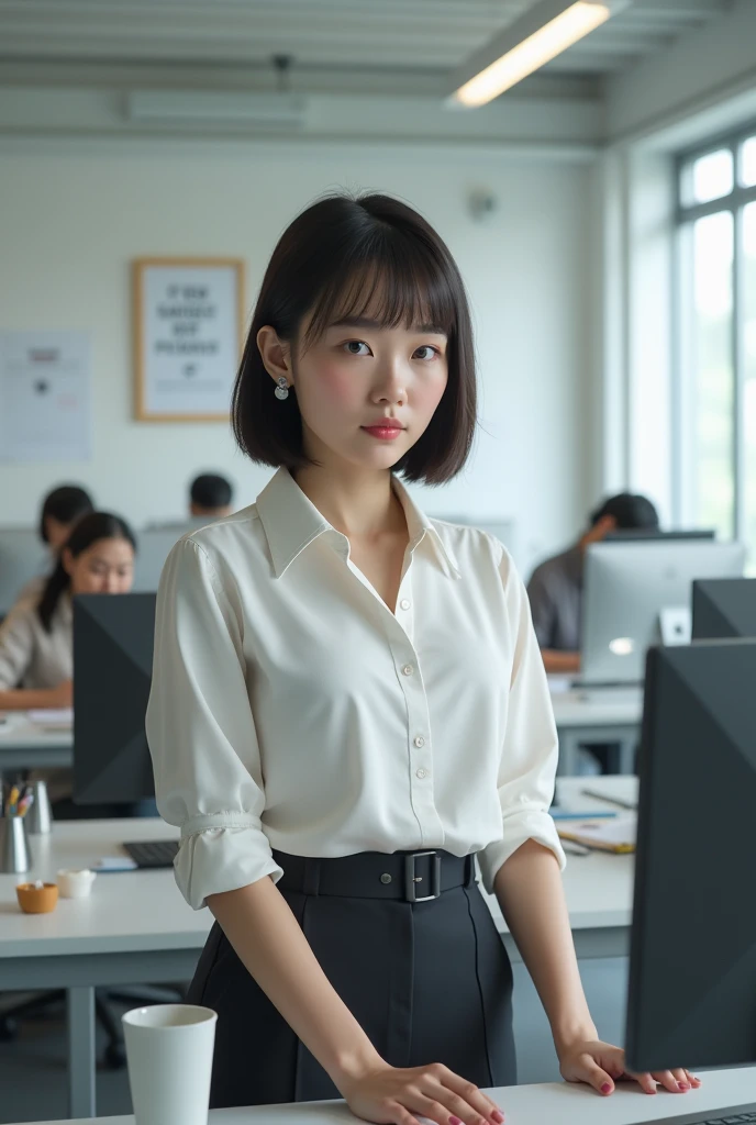 Create an image of an Asian girl with short hair who is an office worker.