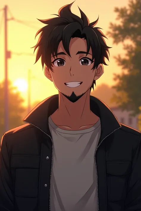 Black beard black hair black eyes 30s man anime happy cute tall jacket and t shirt golden hour outside