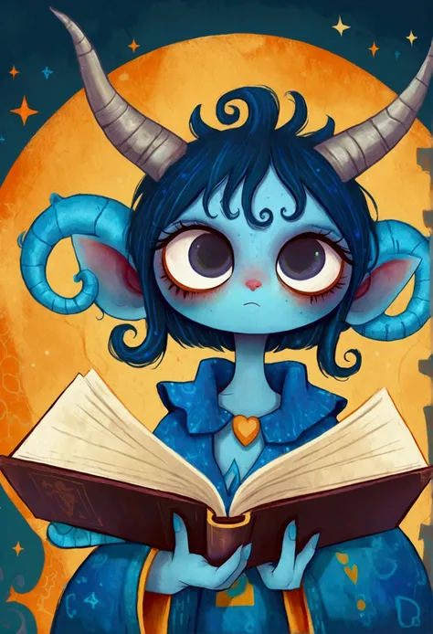 cartoon illustration of a blue monster with horns reading a book, blue tiefling, adorable digital painting, inspired by Lois van Baarle, by Jeremiah Ketner, beeple and jeremiah ketner, tiefling, cute monster character design, great character design, full c...