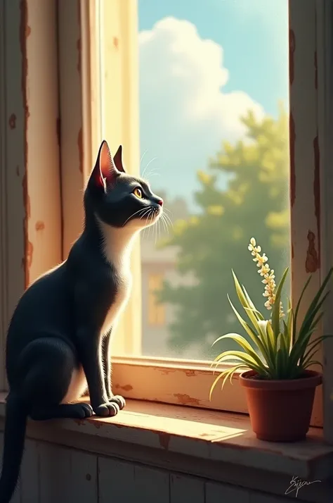  A curious cat, Whiskers, looking out of a window or door, wondering whats outside.