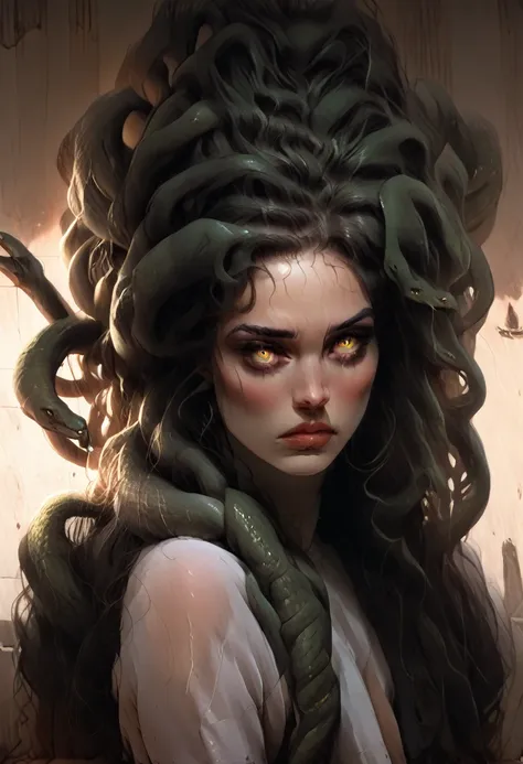 ((a beautiful and terrifying medusa with snakes for hair)), beautiful detailed eyes, beautiful detailed lips, extremely detailed...