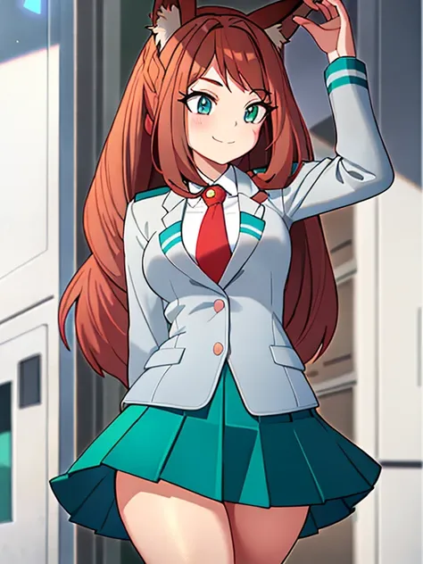 (Girl with brown hair with turquoise tips) (fox ears) (turquoise blue eyes) (long hair to the legs) (look: happy) (locker room: U schoolgirl uniform.A) (Light grey blouse, Red tie, Dark green skirt) (big breasts) School uniform, shackles, green skirt,gray ...