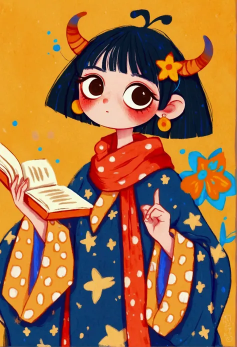 bright cartoon character, studious expression, short dark blue hair, big eyes, playful accessories, red horns, orange and blue s...