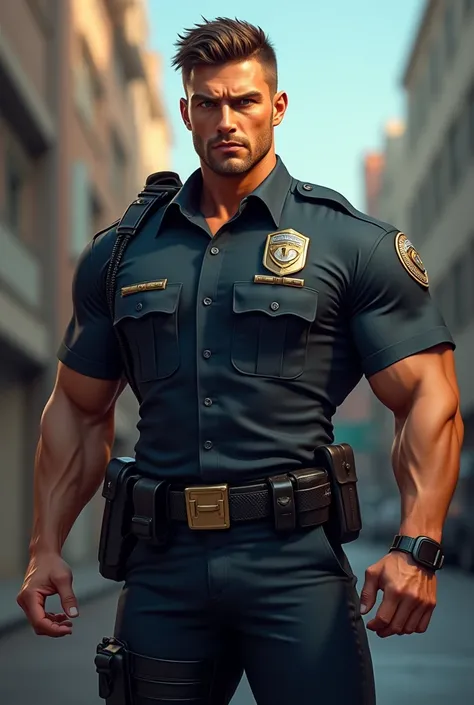 real white sexy man police officer handsome and muscular big pecs strong muscular legs big bulge in leather uniform, realistic, Perfect face, physicist-culturist, sexy, handsome realistic 2 