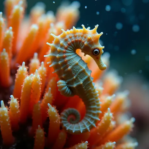 Micro photography shot of a small underwater seahorse wrapped around vibrant coral, extreme close-up showing every tiny scale and texture, illuminated by soft underwater sunlight, clear water with particles gently floating, rich contrast of colors, realist...