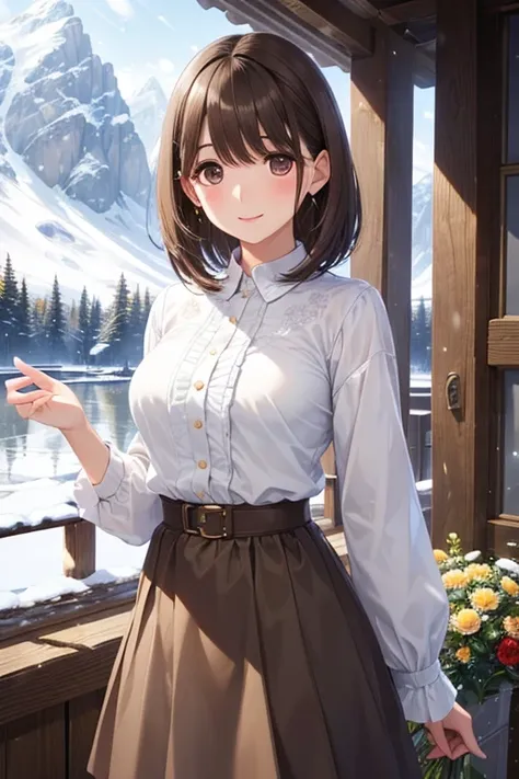 anegasaki nene、Shiny brown hair, short hair, (Beautiful brown eyes、Sparkling eyes, Fine grain)、smile、Ultra-detailed eyes、Highly detailed face, Highly detailed eyes,Cowboy Shot、



masterpiece, Highest quality,  Beautiful woman with light hair, Flowers, Sno...