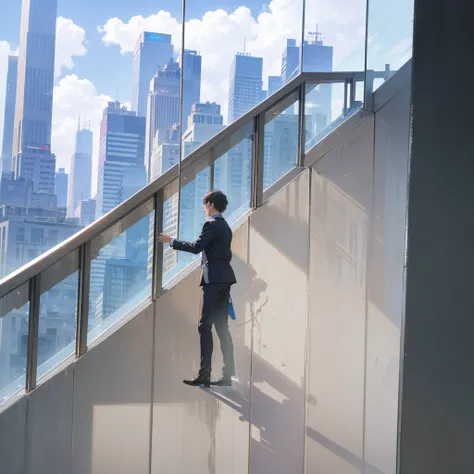 (no human), landscape, (high-class round hallway), (glass-walled skyscrapers in distance), clear blue sky, blowing strong wind, sunshine