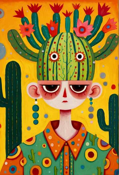 painting of a man with a cactus head and a colorful shirt, anthropomorphic cactus, inspired by Victor Brauner, the non-binary deity of spring, inspired by Ron English, hylics artwork, pop surrealism, a surrealist painting, surreal painting, whimsical surre...