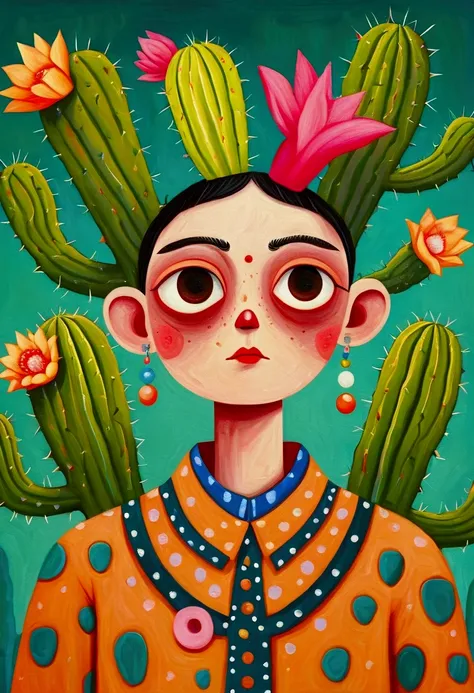 painting of a man with a cactus head and a colorful shirt, anthropomorphic cactus, inspired by Victor Brauner, the non-binary deity of spring, inspired by Ron English, hylics artwork, pop surrealism, a surrealist painting, surreal painting, whimsical surre...