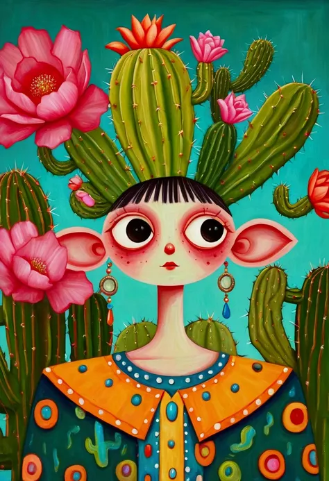 painting of a man with a cactus head and a colorful shirt, anthropomorphic cactus, inspired by Victor Brauner, the non-binary deity of spring, inspired by Ron English, hylics artwork, pop surrealism, a surrealist painting, surreal painting, whimsical surre...