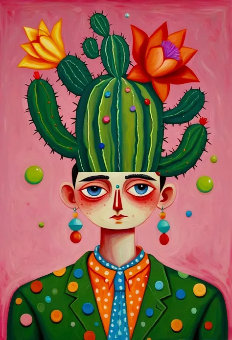 painting of a man with a cactus head and a colorful shirt, anthropomorphic cactus, inspired by Victor Brauner, the non-binary deity of spring, inspired by Ron English, hylics artwork, pop surrealism, a surrealist painting, surreal painting, whimsical surre...