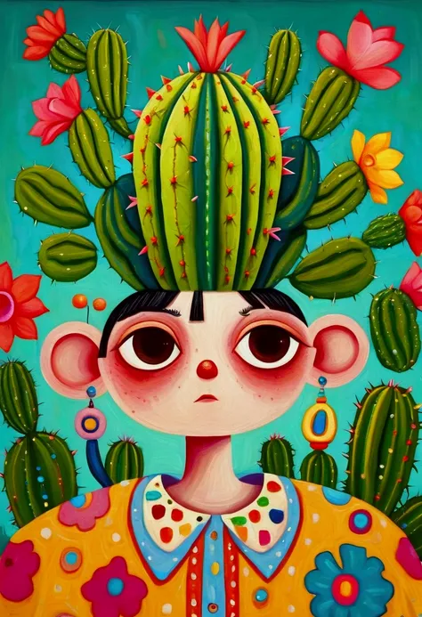 painting of a man with a cactus head and a colorful shirt, anthropomorphic cactus, inspired by Victor Brauner, the non-binary deity of spring, inspired by Ron English, hylics artwork, pop surrealism, a surrealist painting, surreal painting, whimsical surre...