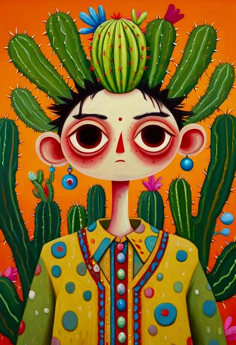 painting of a man with a cactus head and a colorful shirt, anthropomorphic cactus, inspired by Victor Brauner, the non-binary deity of spring, inspired by Ron English, hylics artwork, pop surrealism, a surrealist painting, surreal painting, whimsical surre...