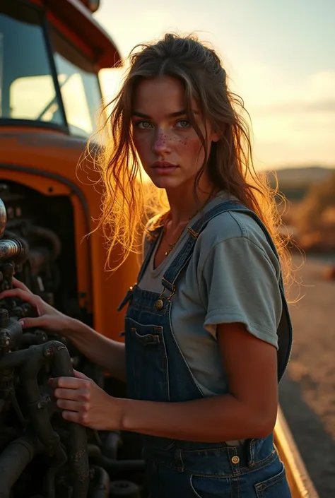 A volumetric-lit photo of a 20-year-old lady, sweaty and dirty, fixing the engine problem of peterbilt truck with a messy long hair, big brown eyes. She is wearing oversized dungarees that reveals her toned curves. The afternoon sun casts a warm, golden li...