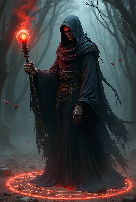 a pale mage with a black hooded robe, in one hand a dark torn wand with a bloodly sphere, his right hand is black and dead, he has no nose, he is inside a magical circle