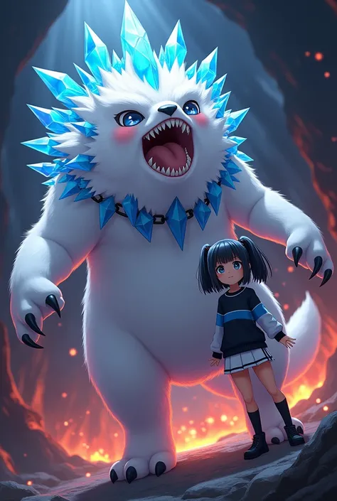 Create an anime image, with a Shimo, white, with blue crystals on the back and back of the head, with crystals on the tail, and with shining eyes, with sharp teeth, with a gray snout, with chains around the neck and arms, roaring upwards, with a teenage hu...