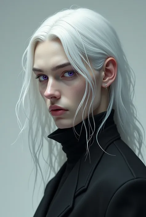 Caucasian male, long white hair, purple eyes, profiled nose, full lips, high cheekbones 