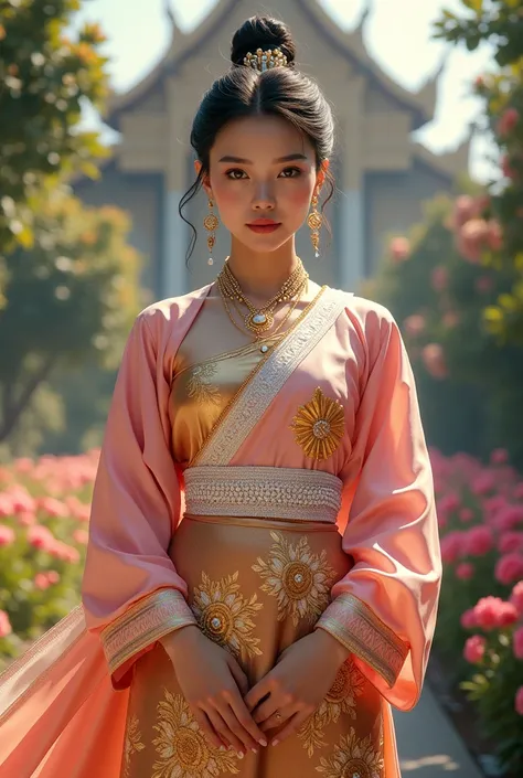 Beautiful Thai woman, sharp face, looking at camera, in traditional outfit, bright brown silk skirt with gold embossed fantasy pattern, pink blouse with embossed fantasy Thai pattern with stand collar, white pearl embroidered sash on left shoulder, slantin...