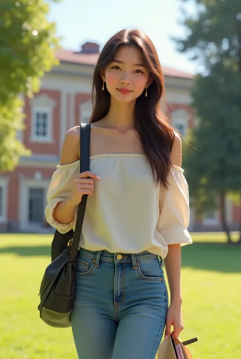 woman　Cute　university student　Wearing plain clothes