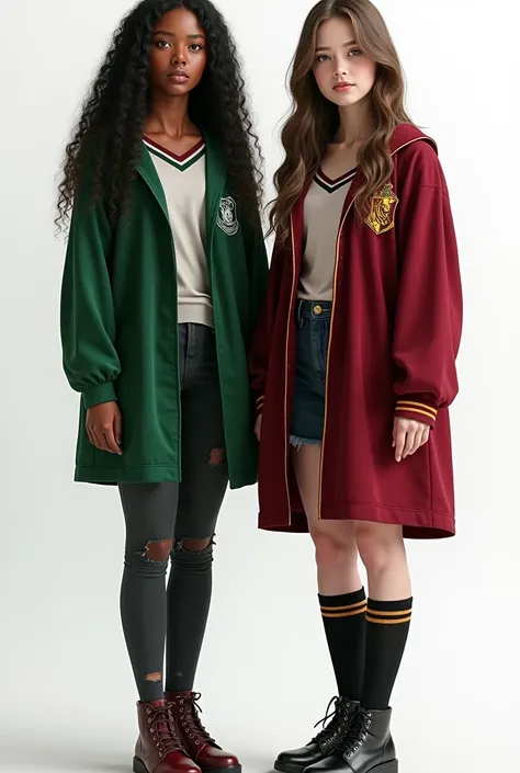 Two girls, Teenagers of , one of the girls is BROWN (light brown skin) WITH A DEFINED AND FEMININE BODY, with long black curly hair, brown dark eyes, wearing the female Slytherin house uniform. AND THE OTHER TEENAGE GIRL HAS WAVED OR STRAIGHT BROWN HAIR, e...