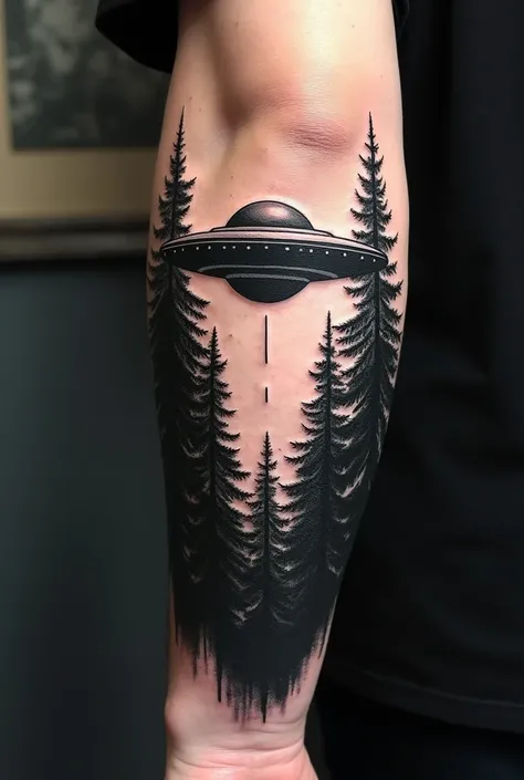 A black and white tattoo on the arm of a flying saucer in a pine forest 