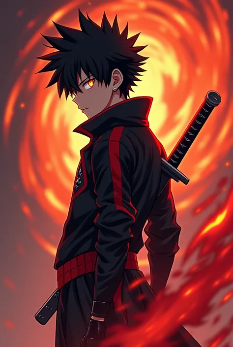 Spiky black haired boy with black meoletom with red stripes with sword on his back black gloves and orange eye in anime style with red magic and phoenix on my arm