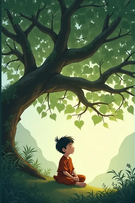 A boy is sitting under a bod tree