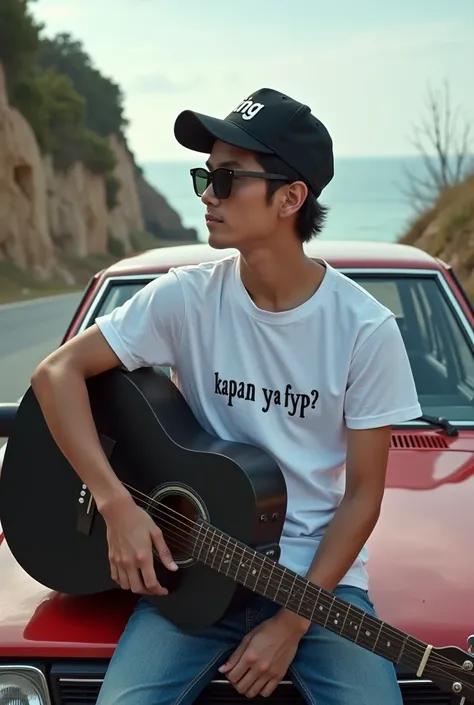 photography realistic, close up, a young indonesian man, sunglasses. black guitar accoustic, looks cool wearing a white t-shirt that says "KAPAN YA FYP?" black snapback that says "KING" short jeans, sitting pensively on the hood of an old Holden car. beach...