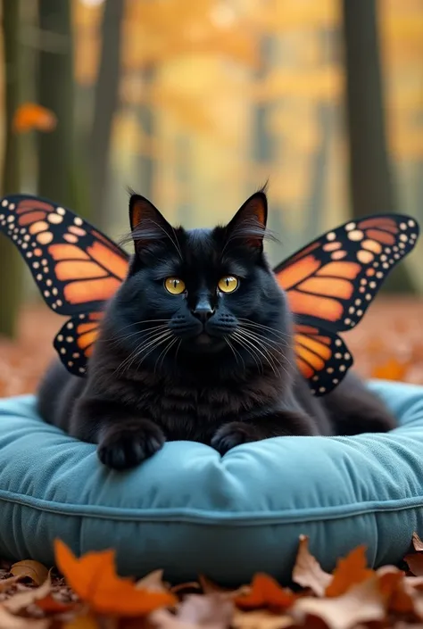 One butterfly winged black maincoon cat laying on fluffy sky blue pillow in the autumn forest ground, Reality, HD, portfolio
