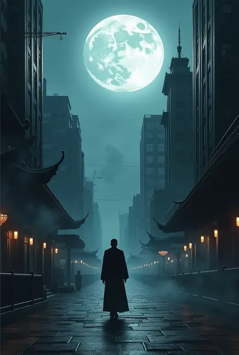 Dark Modern big  city  , moon, Taoist back, small vampire shadow 