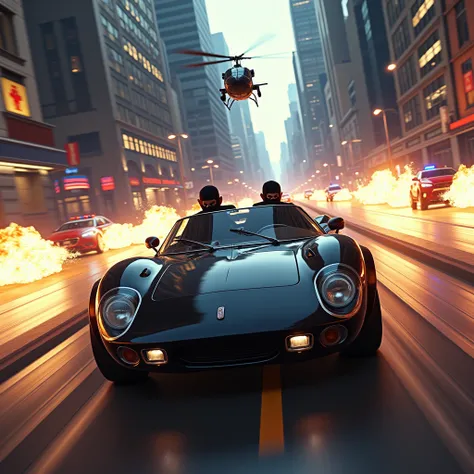 Design an intense and realistic action scene in the style of GTA V, where characters are fleeing the scene of a heist. The image should show them speeding away in a getaway vehicle, with police cars and helicopters in pursuit. The backdrop should feature a...