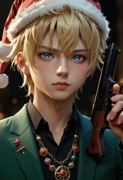 a young man holding two double bartels with a chrismast decoration on the gun and with a short blonde hair blue sharp eye and with white bangs and wearing a lester coat that is the santa claus version kita din yung nya and wearing a necklace and the name G...