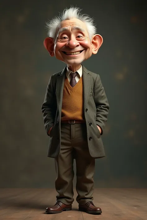 make ,a realistic full body shot,exagerrated ,caricature ,a  elderly man,,,looking at the viewer,with nice smile, This masterpiece captures the essence of the era, radiating nostalgia and vintage charm.,simple background.high detail,3d render