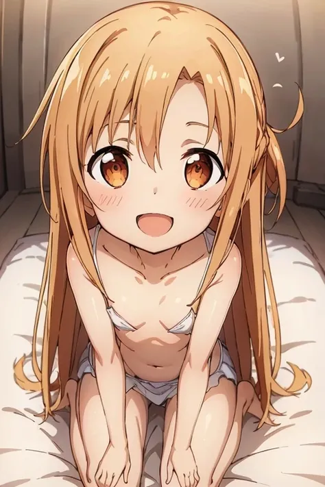 ((Highest quality)), ((masterpiece)), (be familiar with), Perfect Face, indoor, Bedroom, Watching the audience,
One woman, Yuuki Asuna,
Open Mouth, Ecstatic expression, blush, smile,
Small breasts, Flat Chest, , , child, Girl,
Long Hair, Long Hair,
Leg spr...