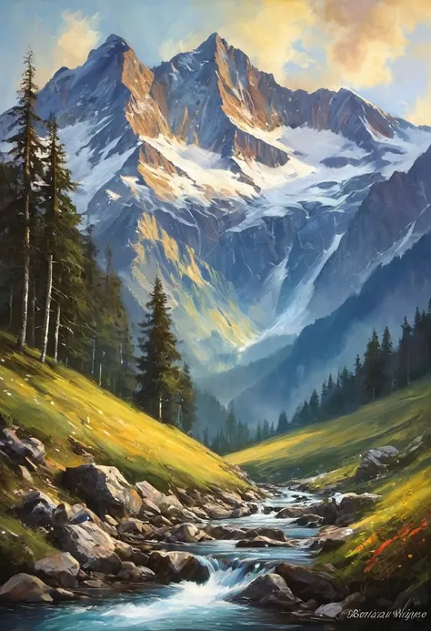 Painting of a Bavarian Wolpertinger, Background mountains, surreal representation 