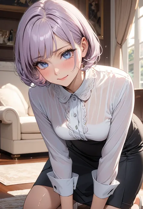 ((best quality)), ((Masterpiece)), (details), 1 woman, small breasts, light purple hair, blue eyes, ((short hair)), Bangs , Beautiful face, Beautiful skin, Long eyelashes, Thick eyelashes, modest mature housewife, At a wealthy home, Charming, Sweating, tro...