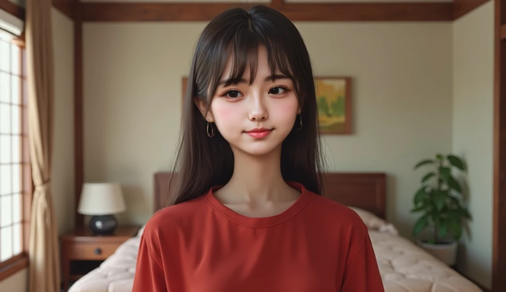 ((full body shot)), Here is the prompt in English to ensure the full body is depicted, 8k, no makeup, raw photo, photo realistic, Japanese, smile, 18-year-old, beautiful girl, cute, Big eyes, Double eyelids, Droopy eyes, Round face, straight hair, Hair is ...