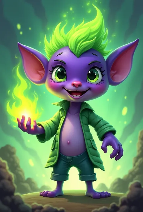 Create a purple cartoon human character with green fire power in hand 