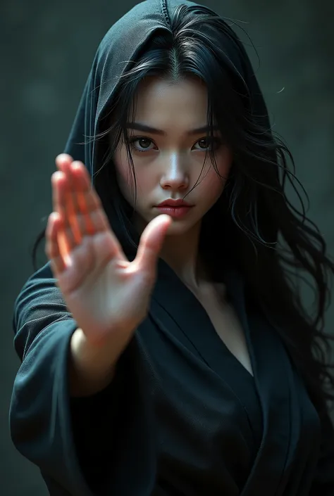 (best quality,4k,8k,highres,masterpiece:1.2), ultra-detailed, (realistic,photorealistic,photo-realistic:1.37),a beautiful female ninja making a hand sign, intricate detailed face, piercing eyes, detailed lips, flowing hair, graceful pose, dynamic action, d...