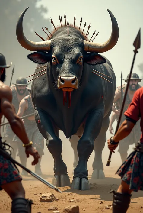 A bull whose body is full of arrows remains standing strong even though his body is bleeding, witnessed directly by those who are attacking him.