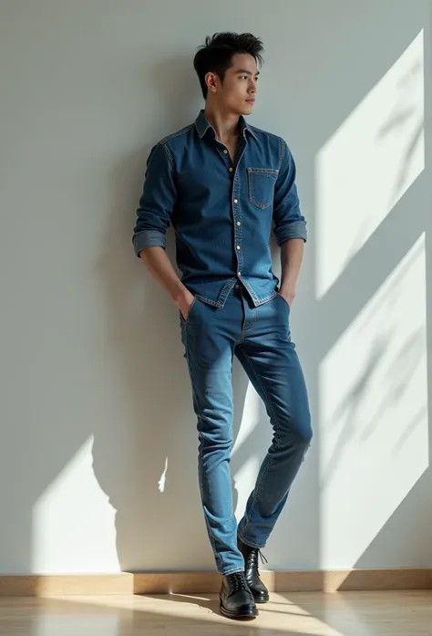 arafed man in a jeans shirt and standing, tailored clothes,((jeans trousers)), black dress shoes, high fashion masculine appeal, Slim man with white skin, dark hair, handsome male, male proportions, beautiful and elegant, male model, model posing, beautifu...